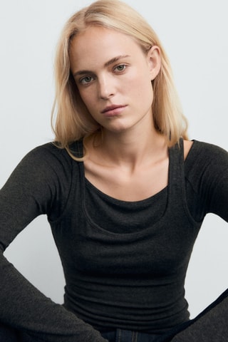 Pull combiné col rond - Gris foncé