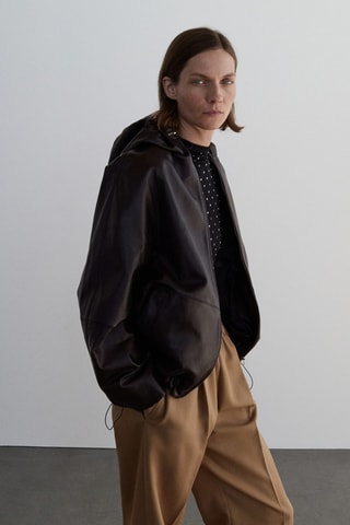 Veste 100 % cuir à capuche - Marron