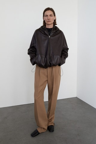 Veste 100 % cuir à capuche - Marron