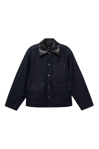Veste en jean col en cuir synthétique - Bleu