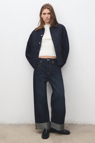 Veste en jean col en cuir synthétique - Bleu