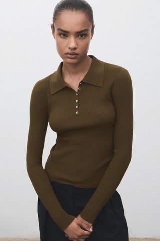 Pull-over maille côtelée col polo - Kaki