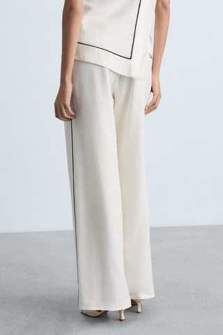 Pantalon lin rayures contrastées - Beige