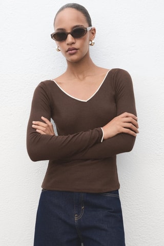 T-shirt combiné col V - Marron