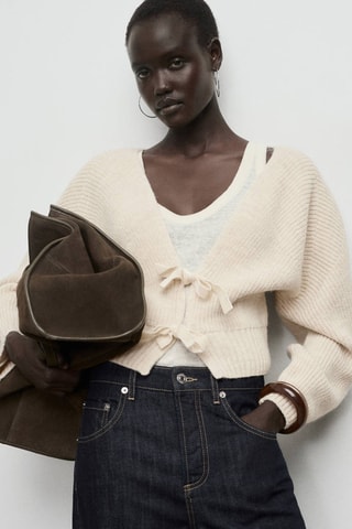 Cardigan col en V à nœuds - Beige