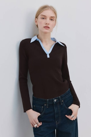 Pull-over col chemise combiné - Marron