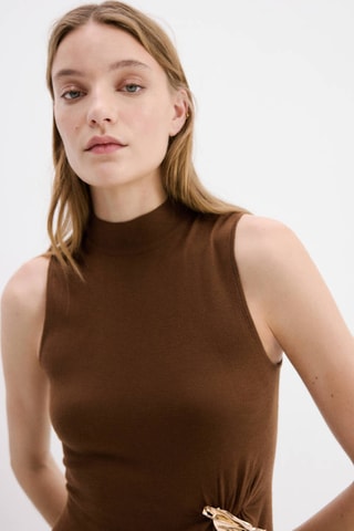 Robe maille col montant broche - Marron