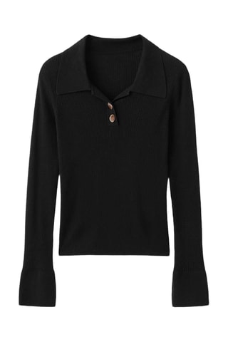 Pull-over maille côtelée col polo - Noir