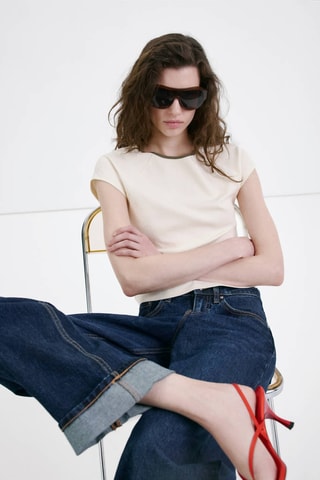 T-shirt en coton avec liseré contrasté - Écru