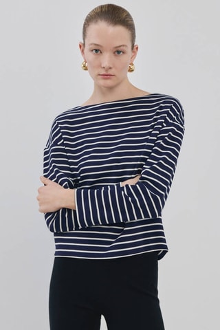 Sweat rayures col bateau - Bleu marine