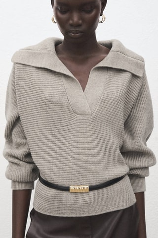 Pull-over maille côtelée col polo - Gris clair