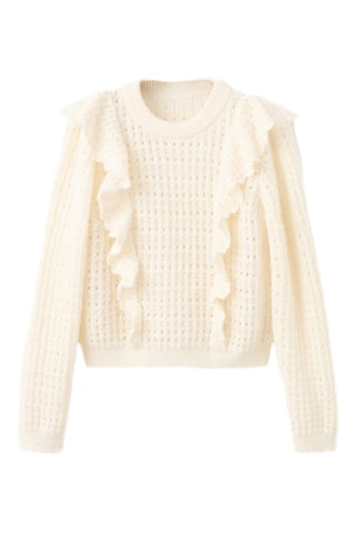 Pull maille ajourée à volants - Écru
