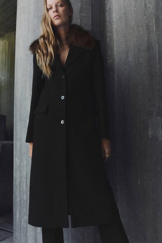 Manteau laine col imitation fourrure - Noir