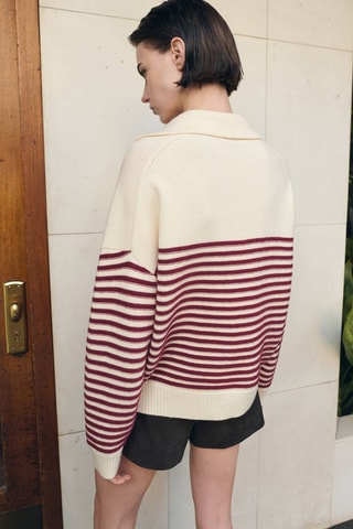 Pull-over rayures col polo - Écru
