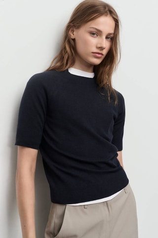 Pull laine mélangée manches courtes - Bleu marine