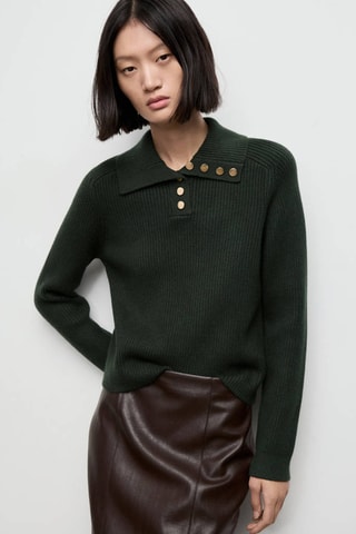 Pull en maille côtelée à col polo et boutons - Vert foncé