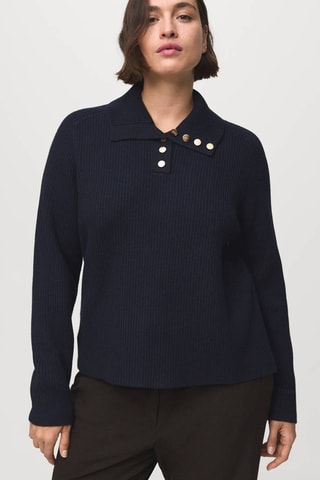 Pull en maille côtelée à col polo et boutons - Bleu marine