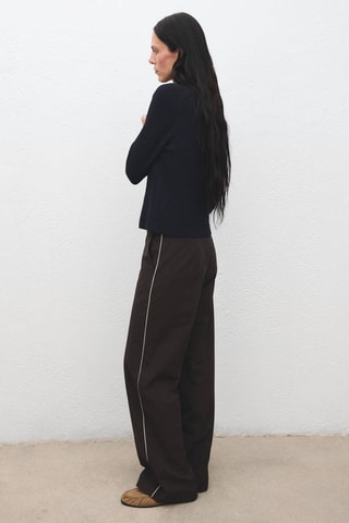 Pull en maille côtelée à col polo et boutons - Bleu marine