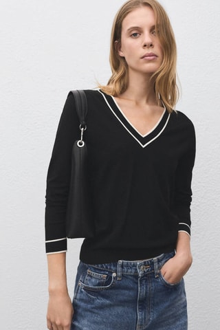 Pull-over à col en V contrastant - Noir