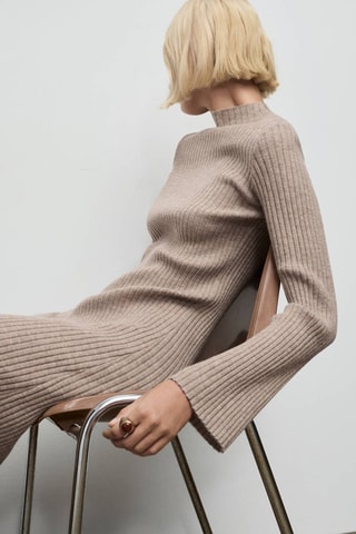 Robe maille côtelée col montant - Marron