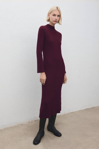 Robe maille côtelée col montant - Bordeaux