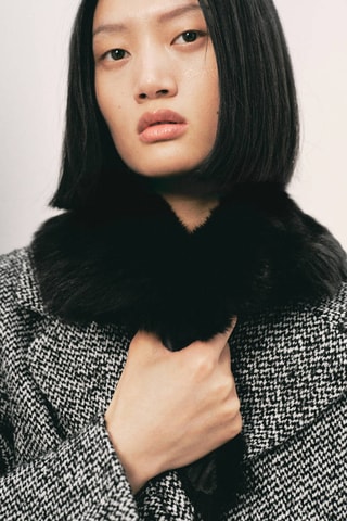 Manteau chiné col fausse fourrure - Noir
