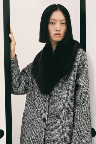 Manteau chiné col fausse fourrure - Noir