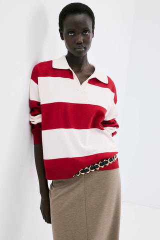 Pull-over rayures col polo - Rouge