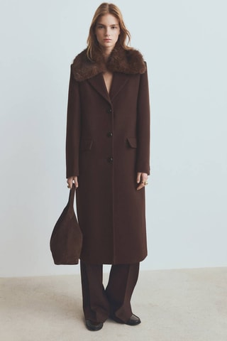 Manteau laine col imitation fourrure - Marron
