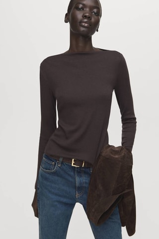T-shirt col bateau manches longues - Marron