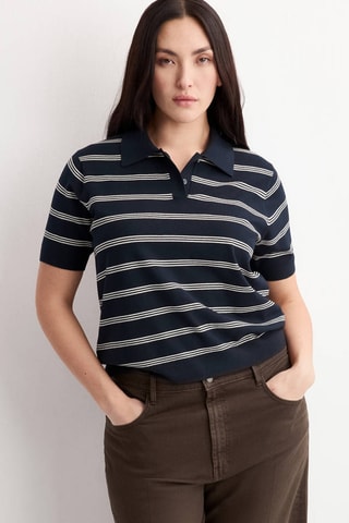 Pull-over rayures col polo - Bleu marine