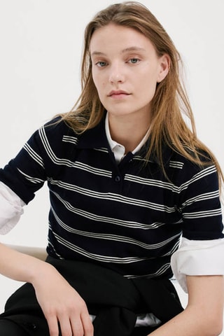 Pull-over rayures col polo - Bleu marine
