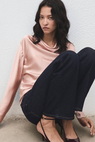 Blouse satin col bénitier - Rose clair
