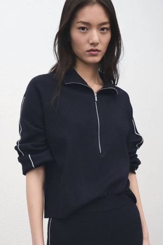 Pull col zippé à rayures en contraste - Bleu marine