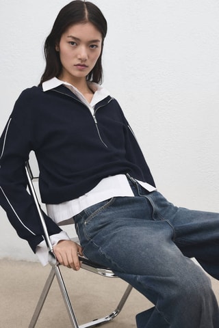 Pull col zippé à rayures en contraste - Bleu marine
