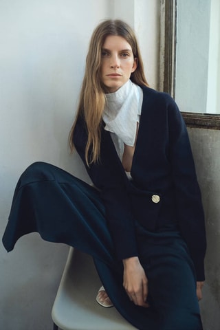 Cardigan croisé bouton bijou - Bleu marine