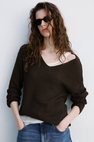 Pull-over maille ajourée col V - Marron