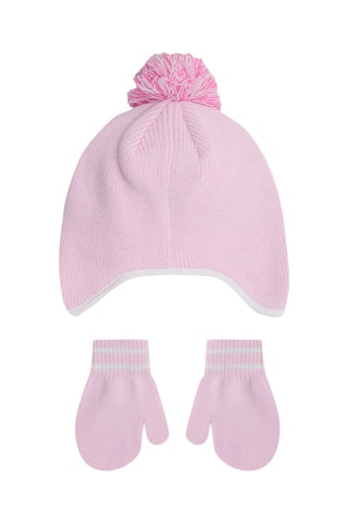 Bonnet à pompon et moufles - Rose