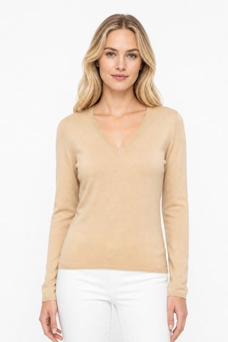 Camisola 35% caxemira, 35% seda e 30% lã - Gola em V - Nude