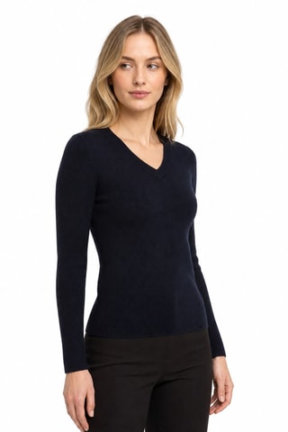 Camisola 100% caxemira ultrafino 2/60 - Gola em V - Azul-marinho