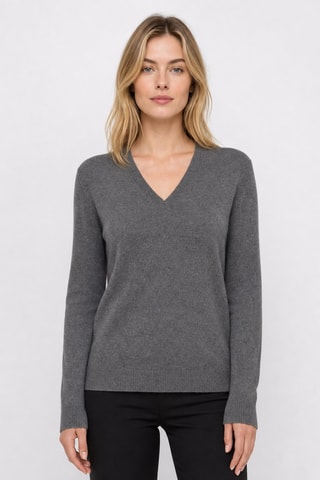Camisola 100% caxemira, 2 fios - Gola em V - Cinzento-mesclado