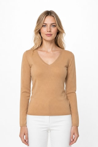 Camisola 100% caxemira ultrafino 2/60 - Gola em V - Bege-escuro