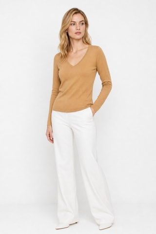 Camisola 100% caxemira ultrafino 2/60 - Gola em V - Bege-escuro