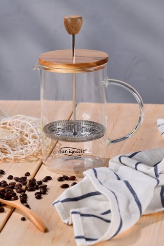 Cafetière van borosilicaatglas met piston, roestvrij staal en acaciahout- 80 cl - Bruin en zilverkleurig