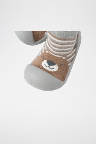 Chaussons-chaussettes - Gris chiné et marron clair