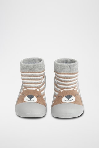 Chaussons-chaussettes - Gris chiné et marron clair