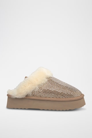 ##Sabots plateformes fourrés en croûte de cuir nubuck - Beige