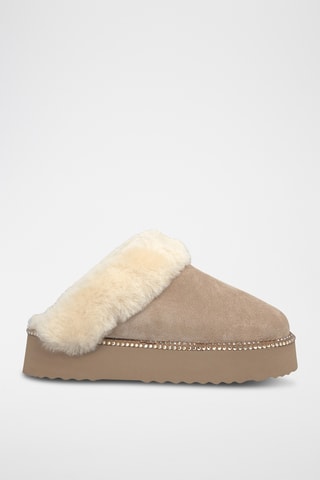 ##Sabots plateformes fourrés en croûte de cuir nubuck - Beige