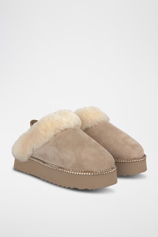 ##Sabots plateformes fourrés en croûte de cuir nubuck - Beige