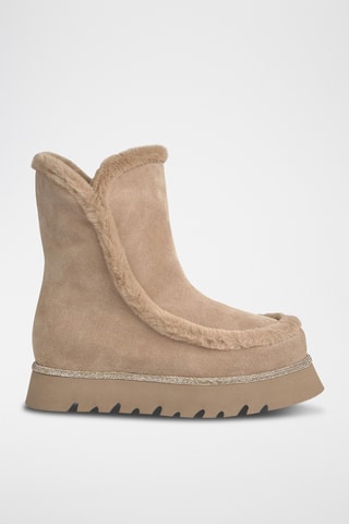 Bottines fourrées en croûte de cuir - Camel